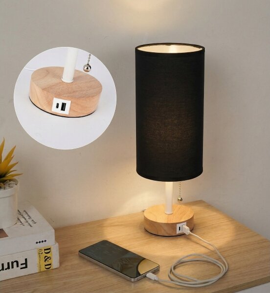 Brilagi - Stolní lampa s USB portem TABLON 1xE27/25W/230V dub/bílá/černá