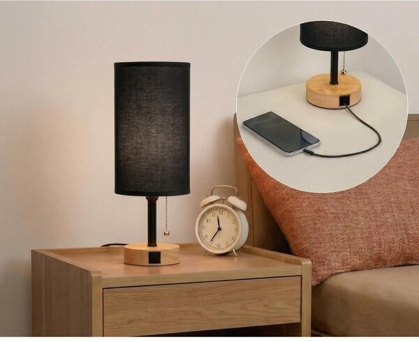 Brilagi - Stolní lampa s USB portem TABLON 1xE27/25W/230V dub/černá