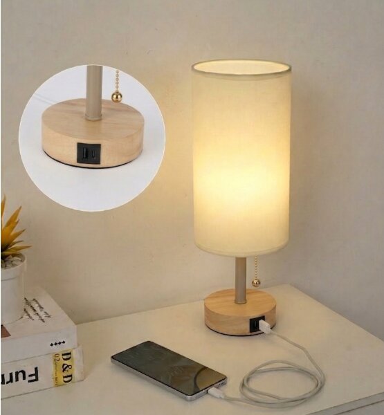 Brilagi - Stolní lampa s USB portem TABLON 1xE27/25W/230V dub/béžová/krémová