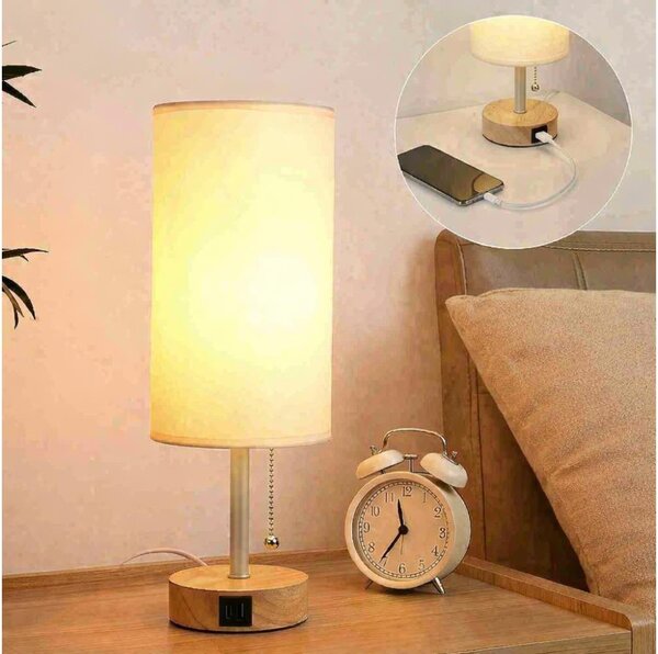 Brilagi - Stolní lampa s USB portem TABLON 1xE27/25W/230V dub/béžová/krémová