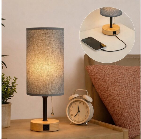 Brilagi - Stolní lampa s USB portem TABLON 1xE27/25W/230V dub/černá/šedá