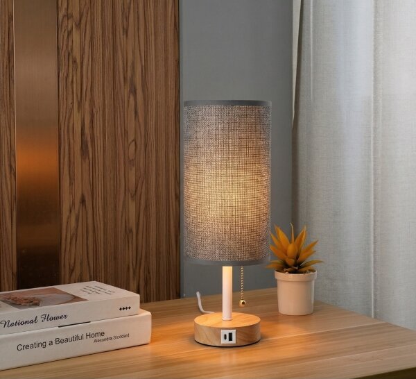 Brilagi - Stolní lampa s USB portem TABLON 1xE27/25W/230V dub/bílá/šedá