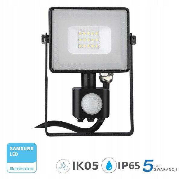 LED reflektor černý 10W s pohybovým senzorem, teplá bílá 3000K, IP65, 800lm, čip SAMSUNG V-TAC