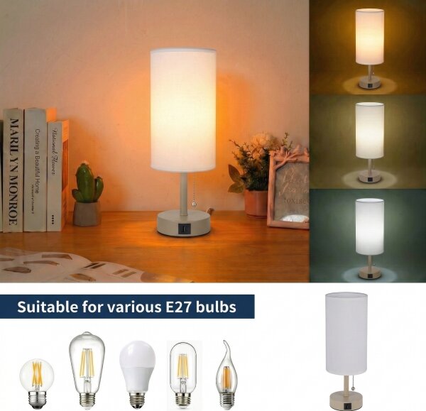 Brilagi - Stolní lampa s USB portem TABLON 1xE27/25W/230V béžová/bílá
