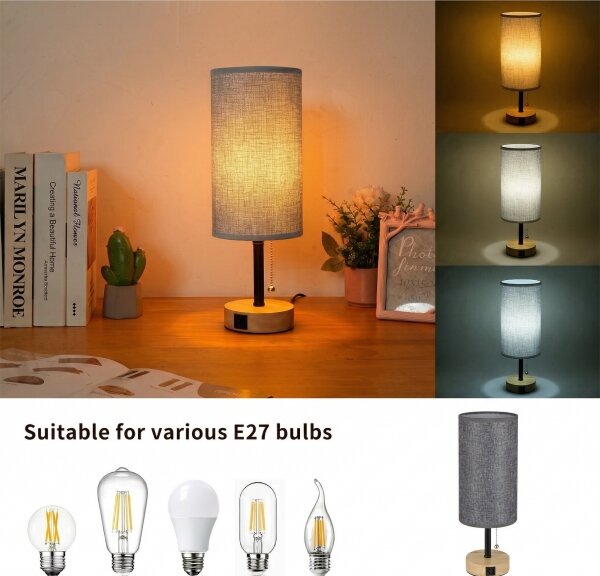 Brilagi - Stolní lampa s USB portem TABLON 1xE27/25W/230V dub/černá/šedá