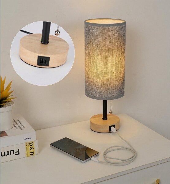 Brilagi - Stolní lampa s USB portem TABLON 1xE27/25W/230V dub/černá/šedá