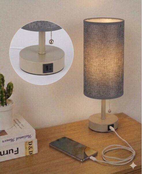 Brilagi - Stolní lampa s USB portem TABLON 1xE27/25W/230V béžová/šedá