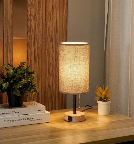 Brilagi - Stolní lampa s USB portem TABLON 1xE27/25W/230V dub/černá/šedá
