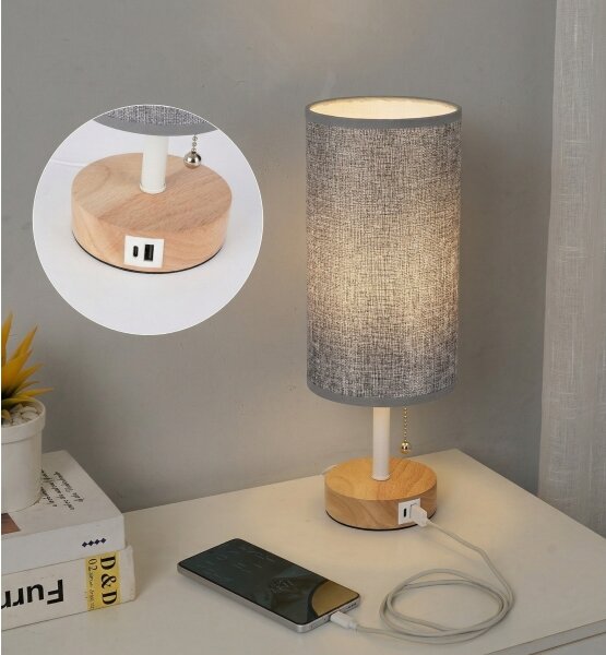Brilagi - Stolní lampa s USB portem TABLON 1xE27/25W/230V dub/bílá/šedá
