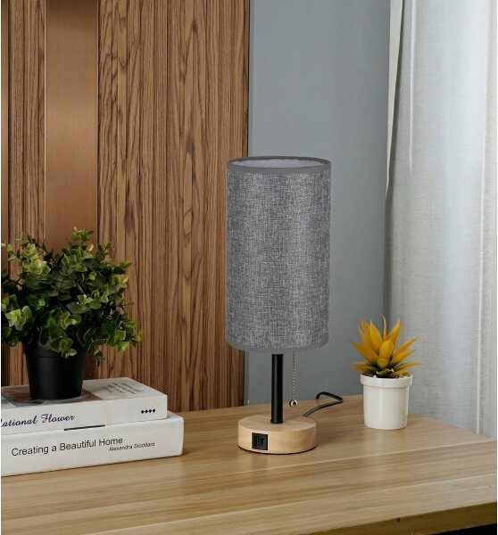 Brilagi - Stolní lampa s USB portem TABLON 1xE27/25W/230V dub/černá/šedá