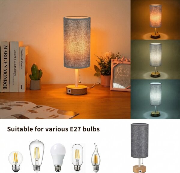 Brilagi - Stolní lampa s USB portem TABLON 1xE27/25W/230V dub/bílá/šedá