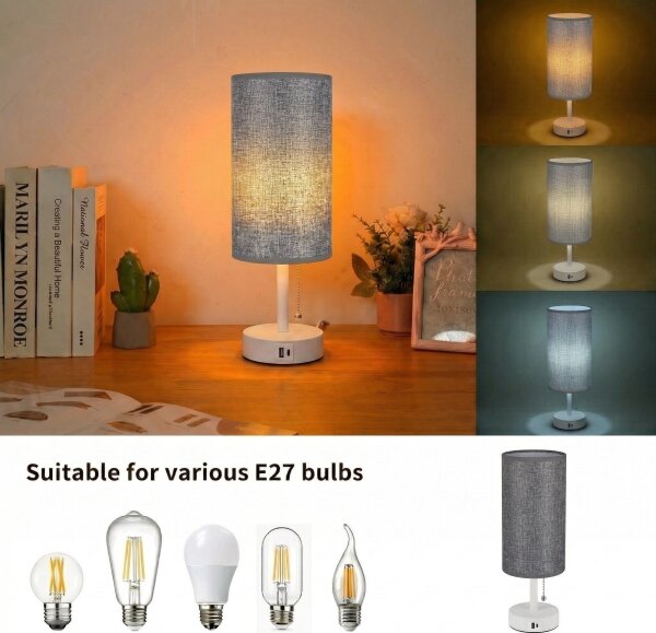 Brilagi - Stolní lampa s USB portem TABLON 1xE27/25W/230V bílá/šedá