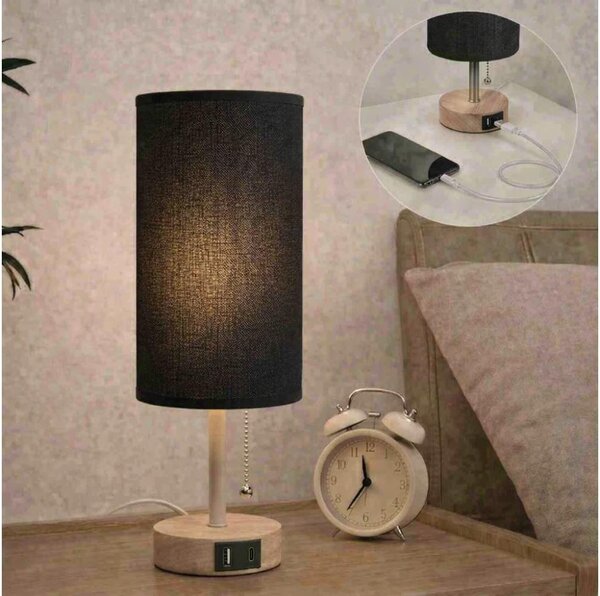 Brilagi - Stolní lampa s USB portem TABLON 1xE27/25W/230V dub/béžová/černá