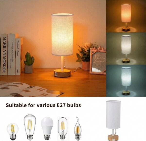 Brilagi - Stolní lampa s USB portem TABLON 1xE27/25W/230V dub/bílá