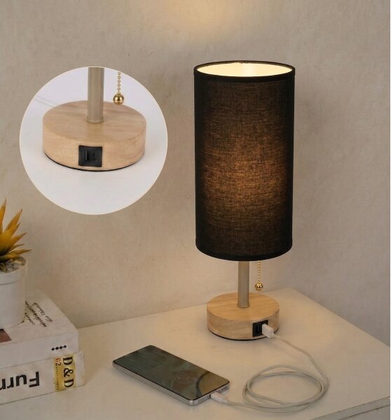 Brilagi - Stolní lampa s USB portem TABLON 1xE27/25W/230V dub/béžová/černá