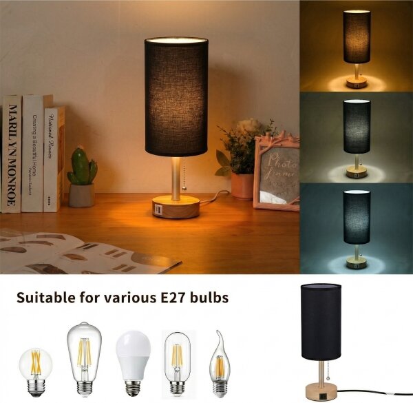 Brilagi - Stolní lampa s USB portem TABLON 1xE27/25W/230V dub/béžová/černá
