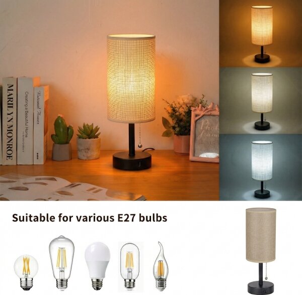 Brilagi - Stolní lampa s USB portem TABLON 1xE27/25W/230V černá/béžová