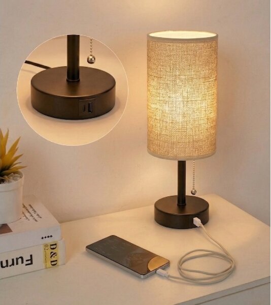 Brilagi - Stolní lampa s USB portem TABLON 1xE27/25W/230V černá/béžová
