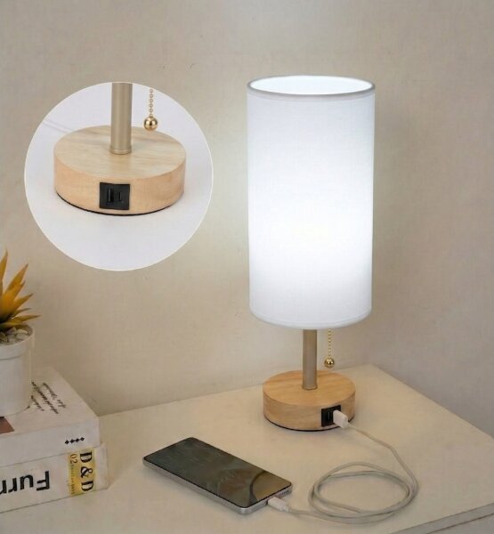 Brilagi - Stolní lampa s USB portem TABLON 1xE27/25W/230V dub/béžová/bílá