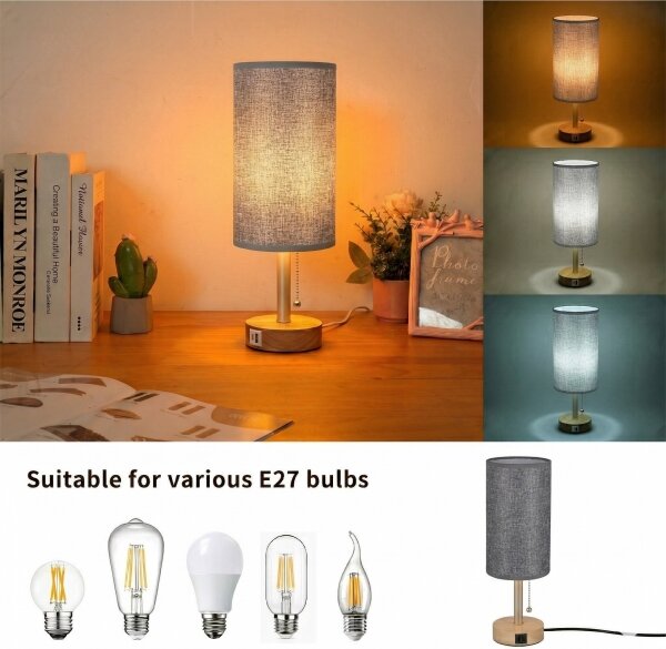 Brilagi - Stolní lampa s USB portem TABLON 1xE27/25W/230V dub/béžová/šedá