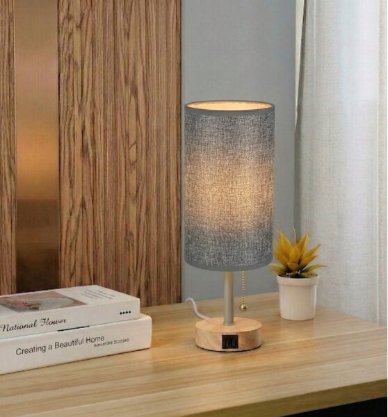 Brilagi - Stolní lampa s USB portem TABLON 1xE27/25W/230V dub/béžová/šedá