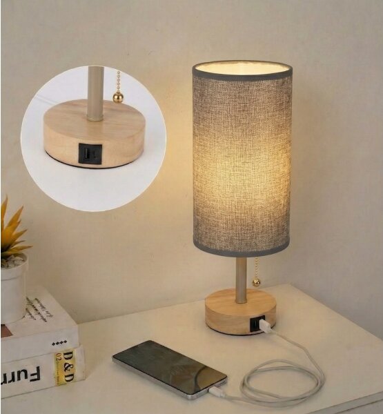 Brilagi - Stolní lampa s USB portem TABLON 1xE27/25W/230V dub/béžová/šedá
