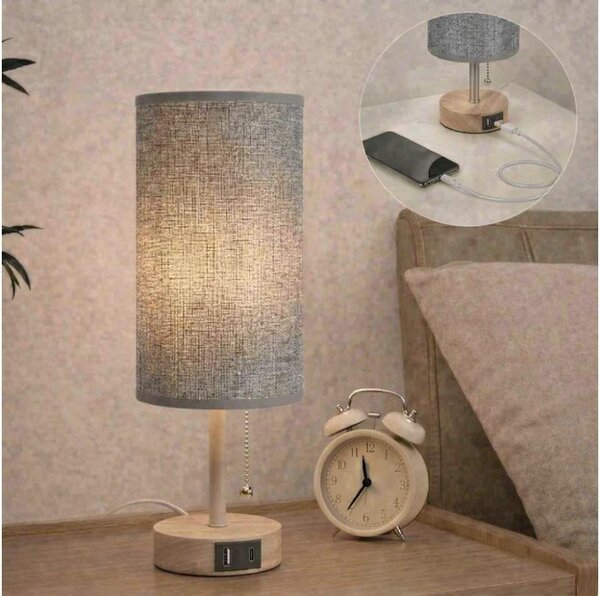 Brilagi - Stolní lampa s USB portem TABLON 1xE27/25W/230V dub/béžová/šedá