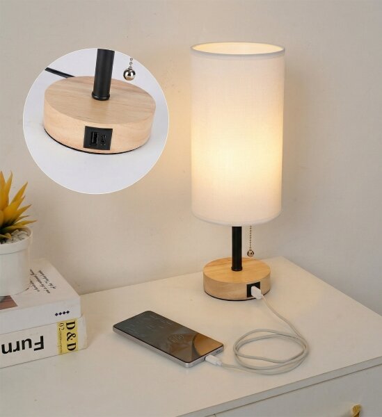 Brilagi - Stolní lampa s USB portem TABLON 1xE27/25W/230V dub/černá/bílá