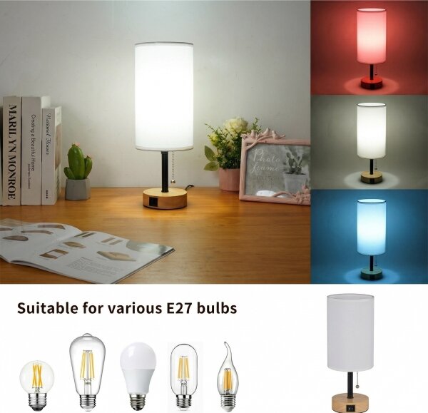 Brilagi - Stolní lampa s USB portem TABLON 1xE27/25W/230V dub/černá/bílá