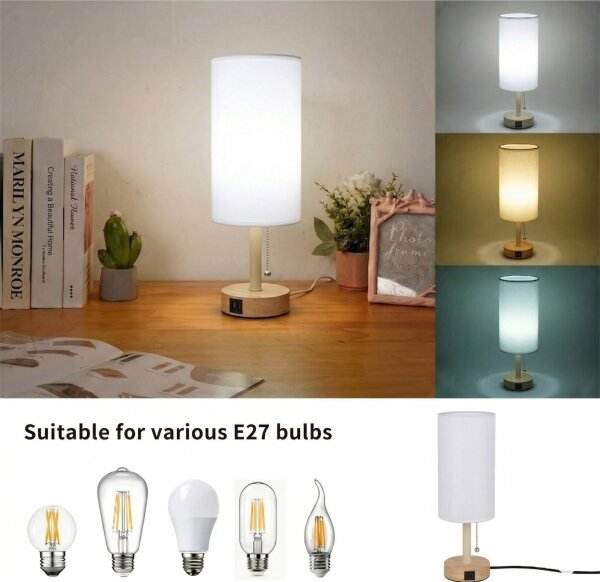 Brilagi - Stolní lampa s USB portem TABLON 1xE27/25W/230V dub/béžová/bílá
