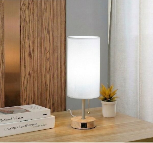 Brilagi - Stolní lampa s USB portem TABLON 1xE27/25W/230V dub/béžová/bílá