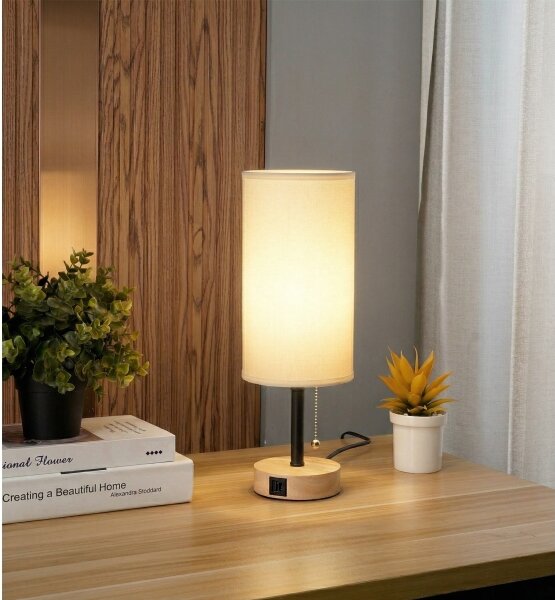 Brilagi - Stolní lampa s USB portem TABLON 1xE27/25W/230V dub/černá/bílá