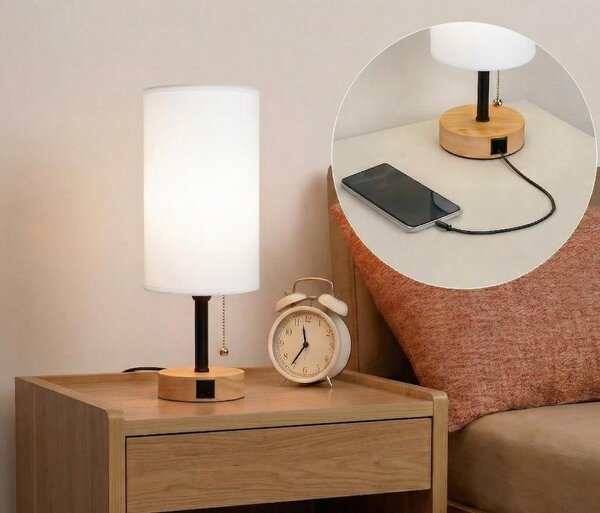 Brilagi - Stolní lampa s USB portem TABLON 1xE27/25W/230V dub/černá/bílá