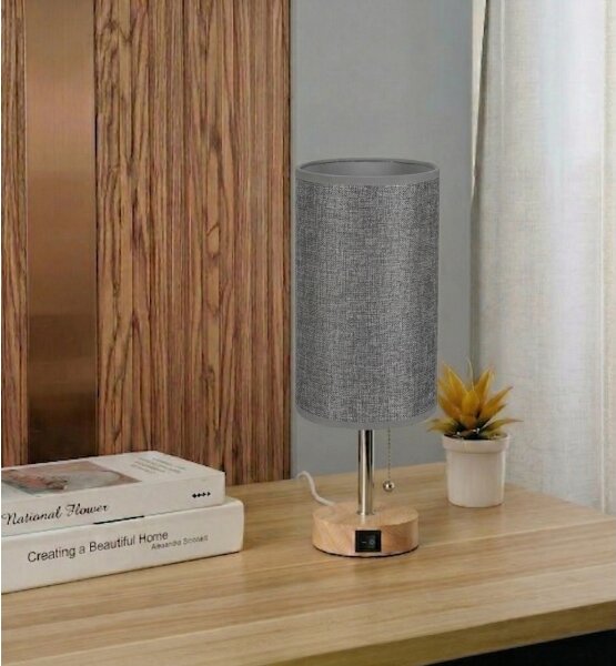 Brilagi - Stolní lampa s USB portem TABLON 1xE27/25W/230V dub/béžová/šedá