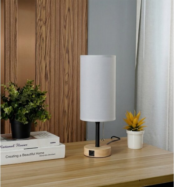 Brilagi - Stolní lampa s USB portem TABLON 1xE27/25W/230V dub/černá/bílá