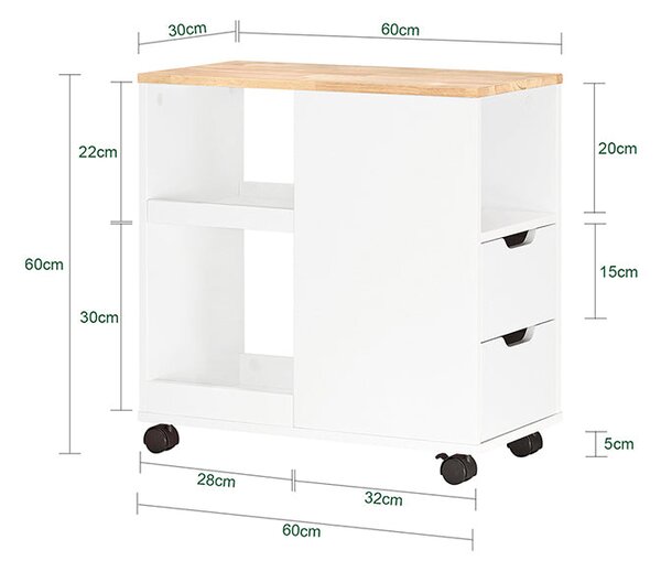 SoBuy FBT130-WN Stolek na tiskárnu s kolečky Kancelářský vozík Boční vozík Bílá-přírodní 30x60x60cm
