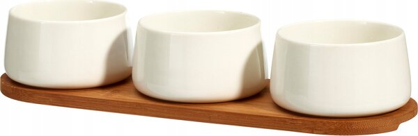 PORCELÁNOVÁ SADA MISEK NA DIPY 3X200ML S BAMBUSOVÝM PODNOSEM 32X11X6,5CM