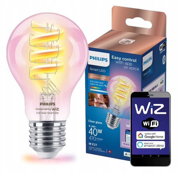 LED žárovka E27 PHILIPS Smart Filament, barevné světlo, 6,3W (ekvivalent 40W), 470lm