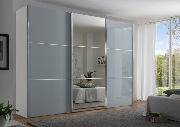 ŠATNÍ SKŘÍŇ SE ZRCADLEM, bílá, světle šedá, 280/222/68 cm Moderano - Šatní skříně