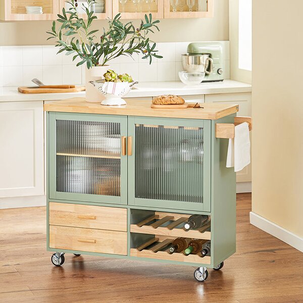 SoBuy FKW114-GR Designový kuchyňský vozík s pracovní deskou Kuchyňský ostrůvek Kuchyňská skříňka Kuchyňský vozík Zelený 109 x 92 x 40 cm