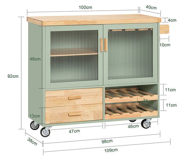 SoBuy FKW114-GR Designový kuchyňský vozík s pracovní deskou Kuchyňský ostrůvek Kuchyňská skříňka Kuchyňský vozík Zelený 109 x 92 x 40 cm
