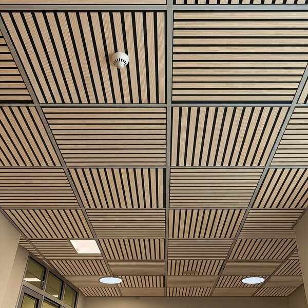 Dřevěný akustický panel pro stropní rastrovou konstrukci, 595 x 595 mm, B2BP008, balení 4 ks, dub sonoma