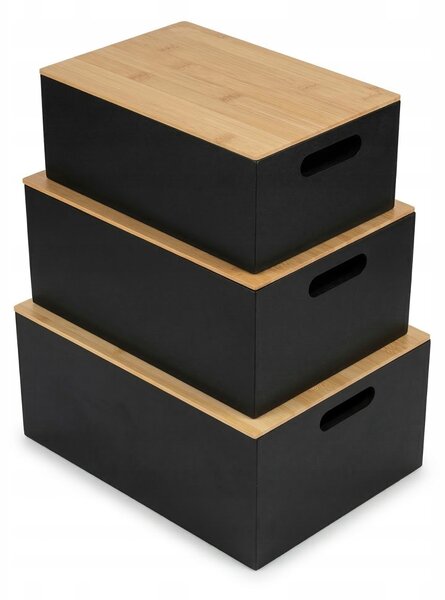 ČERNÉ MDF ÚLOŽNÉ BOXY S DŘEVĚNÝM VÍKEM A ÚCHYTKY - 3 VELIKOSTI