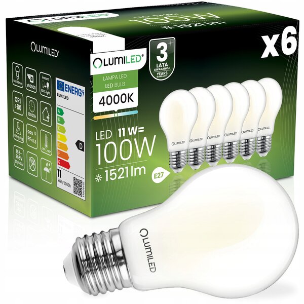 6x LED žárovka E27 11W = 100W 1521lm 4000K neutrální bílá filamentová mléčná