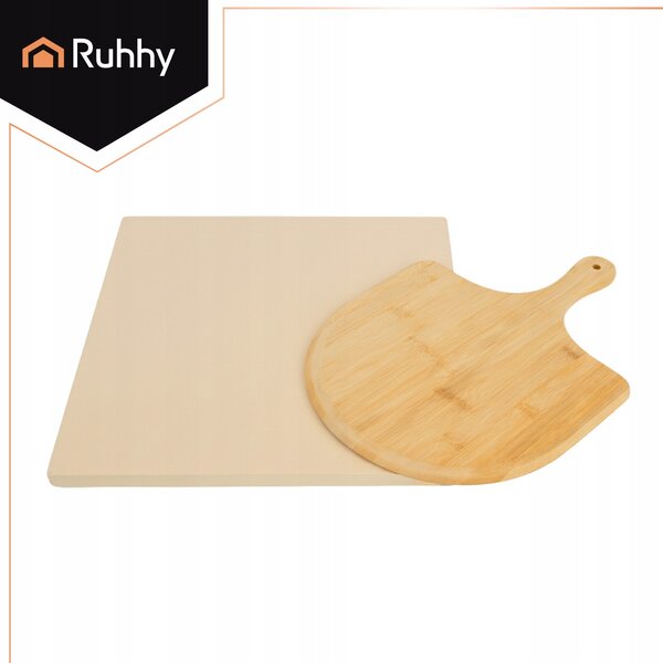 Kámen na pizzu Ruhhy 38x36 cm s bambusovou obracečkou 2v1 XXL cordieritová deska