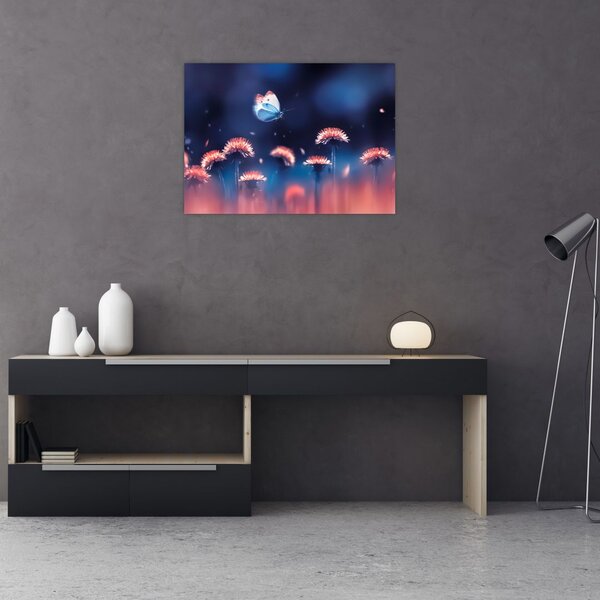 Skleněný obraz pampelišek s modrým motýlem (70x50 cm)