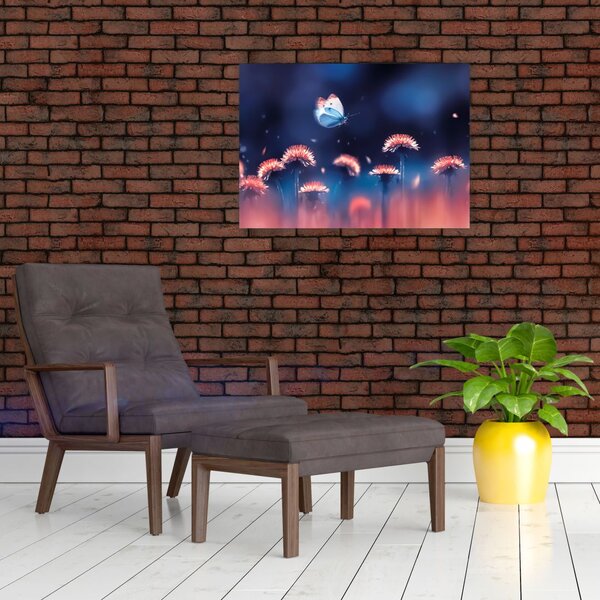 Skleněný obraz pampelišek s modrým motýlem (70x50 cm)