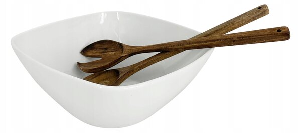 Sada - Keramická servírovací mísa se salátovým náčiním - 26 cm, bílá
