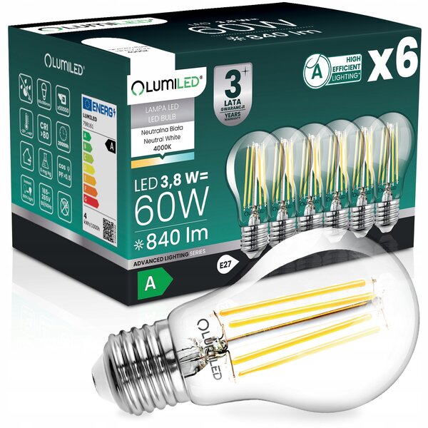 6x LED žárovka E27 filament, třída A, 3,8W 840LM = 60W, 4000K, 360° Lumiled