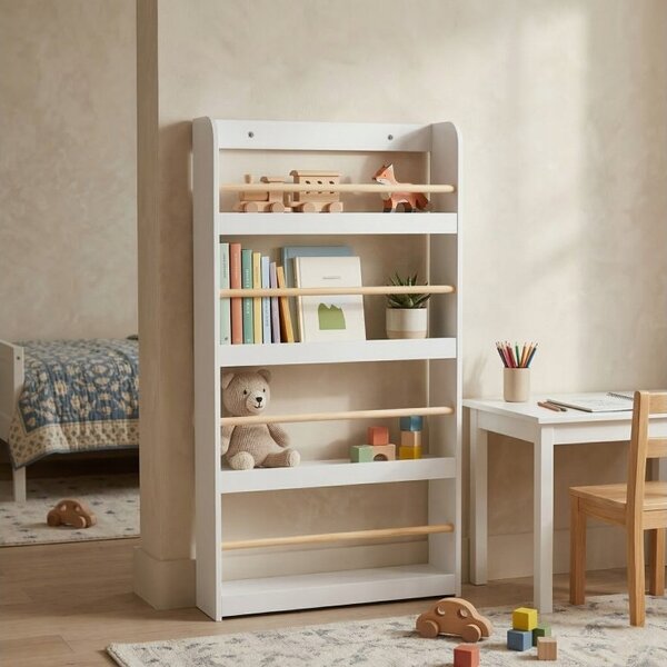BÍLÝ DĚTSKÝ REGÁL Z MDF S BAMBUSOVÝMI TYČKAMI 55X112X15 CM